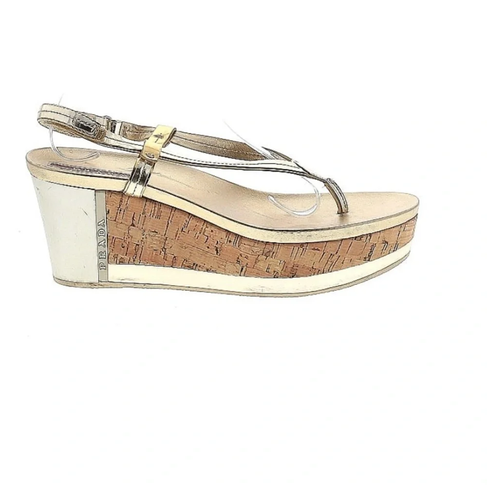 Prada Metallic Gold Leather Cork Wedge Platform Thong Sandals Slingback 4 Inch‎